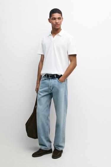 Zara Micro-textured V-neck piqué polo shirt - White - Image 0