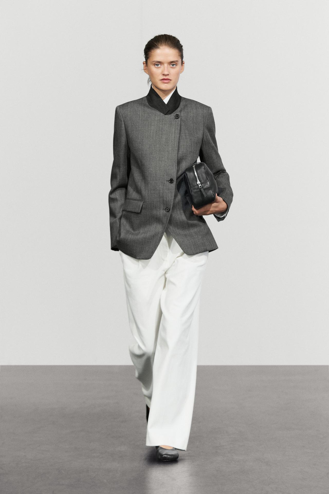 100% Wool Blazer with Contrasting Suede High Neck — Gray
