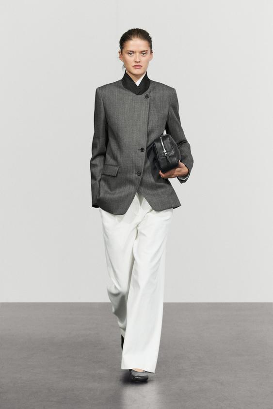Zara 100% Wool Blazer with Contrasting Suede High Neck - Gray - Image 0