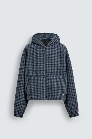 SOBRECAMISA CUADROS BORDADO CAPUCHA - Azul de Zara