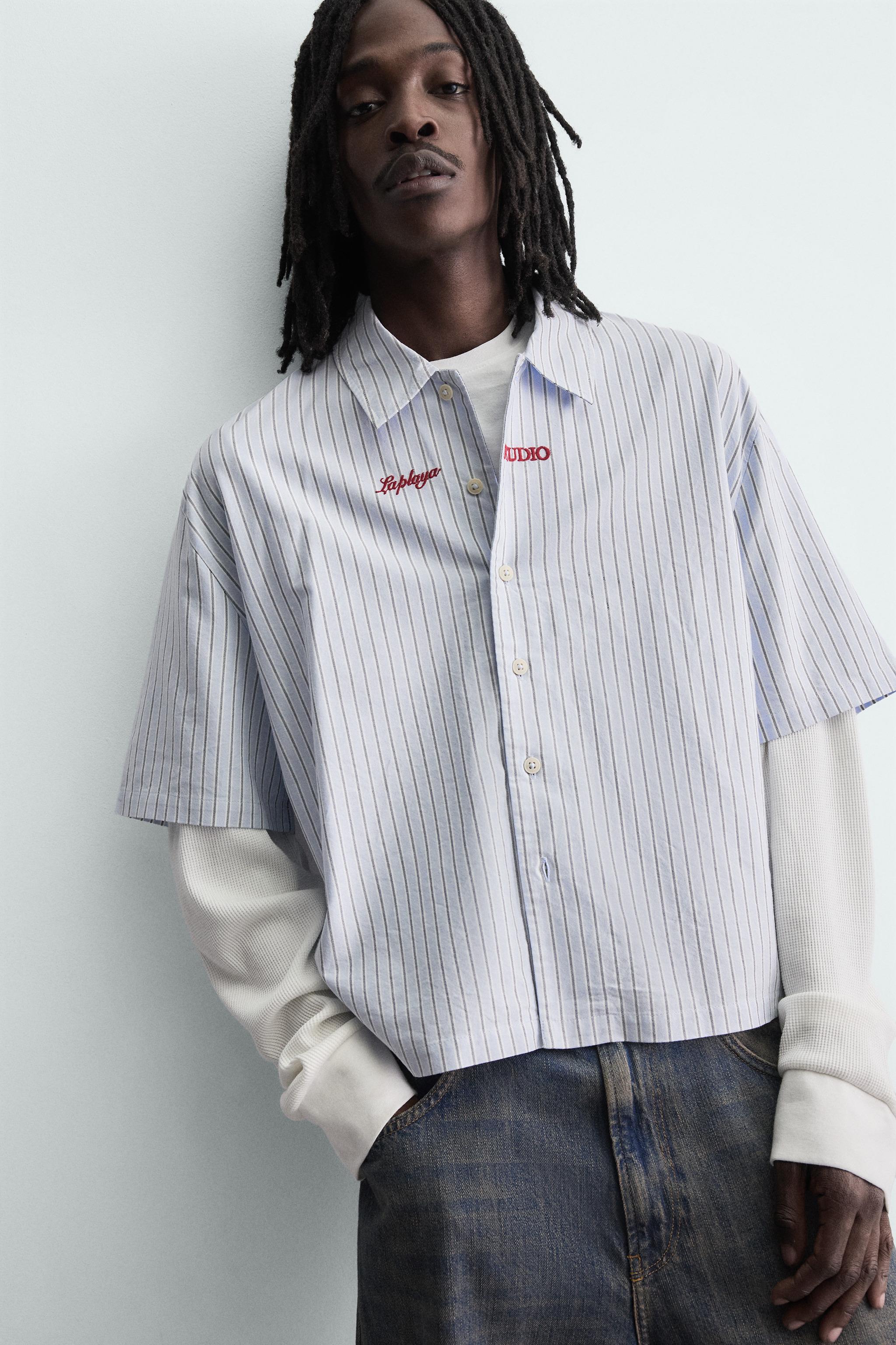 ストライプ柄ダブルエフェクトスリーブシャツ - ブルー | ZARA Japan