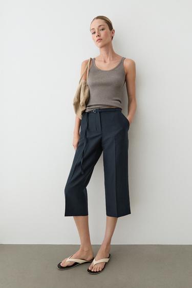 Zara Flowing cotton and linen blend Bermuda shorts with belt - Navy blue