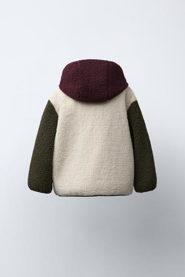 COLOUR BLOCK FAUX SHEARLING FLEECE-LINED JACKET - ecru/khaki by Zara - Image 3