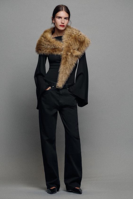 Zara PRINTED FAUX-FUR TRIANGULAR SCARF - taupe brown - Image 0