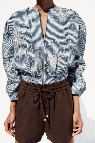 Zara TEXTURED BOMBER JACKET - Blue / White