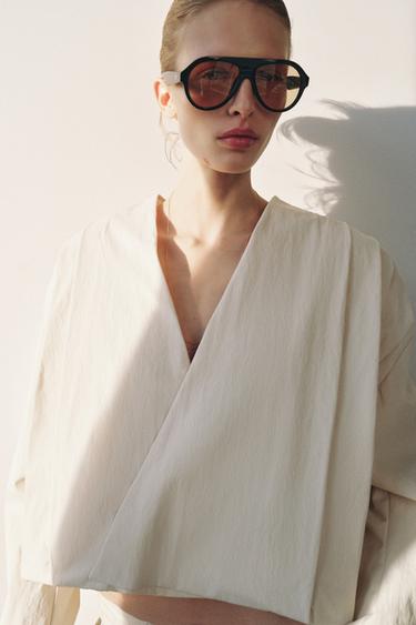 PLEATED WRAP JACKET ZW COLLECTION - Light tan by Zara