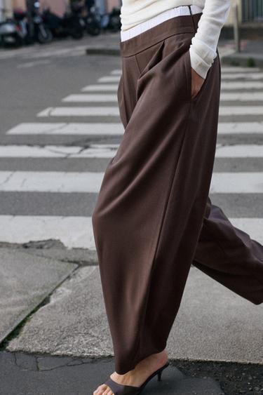 Zara DOUBLE WAIST BARREL PANTS - Brown