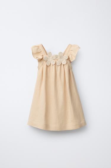 VESTIDO LINO FLORES CROCHET - Beige de Zara - Imagen 0