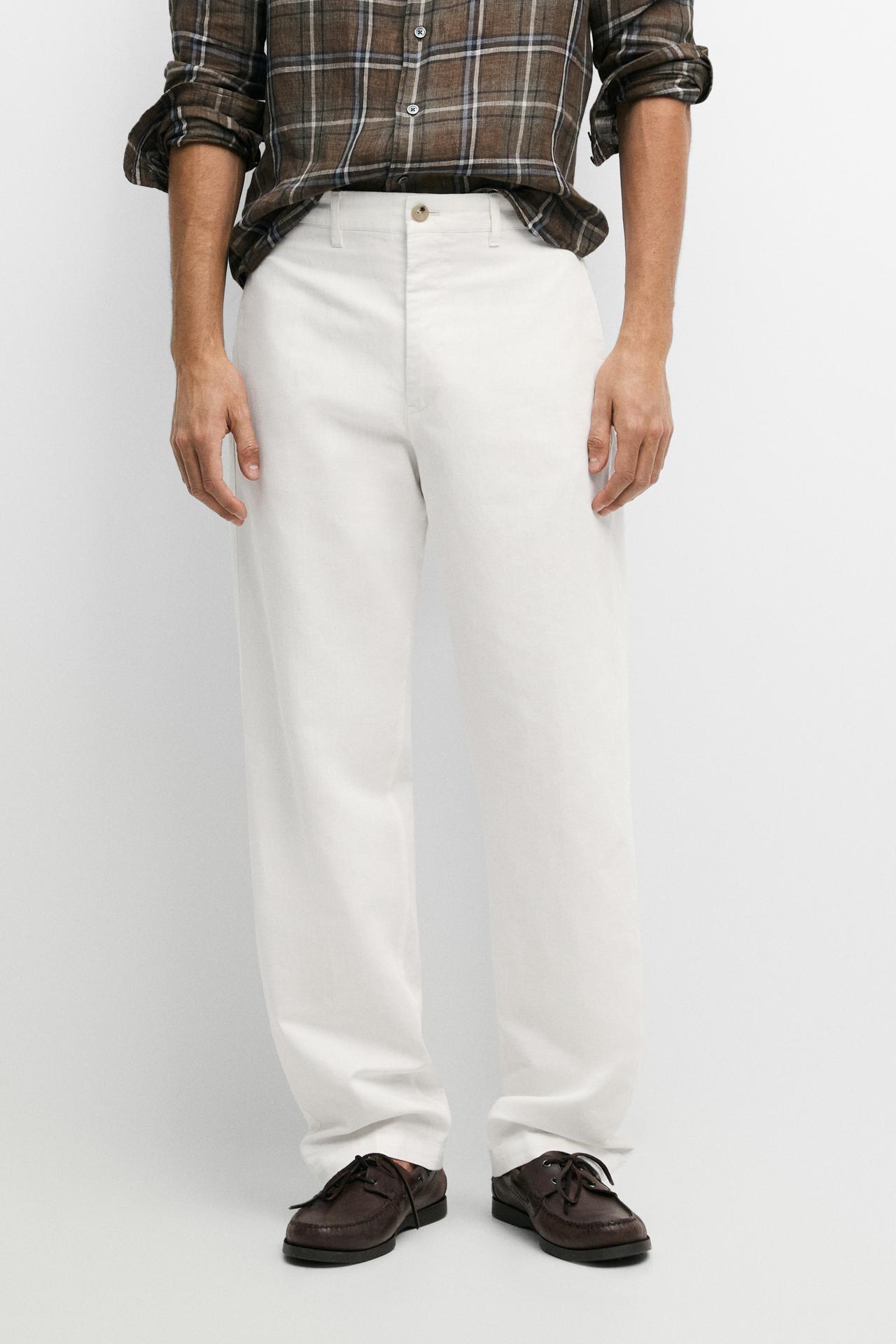 Linen-cotton straight-leg pants — Oyster-white