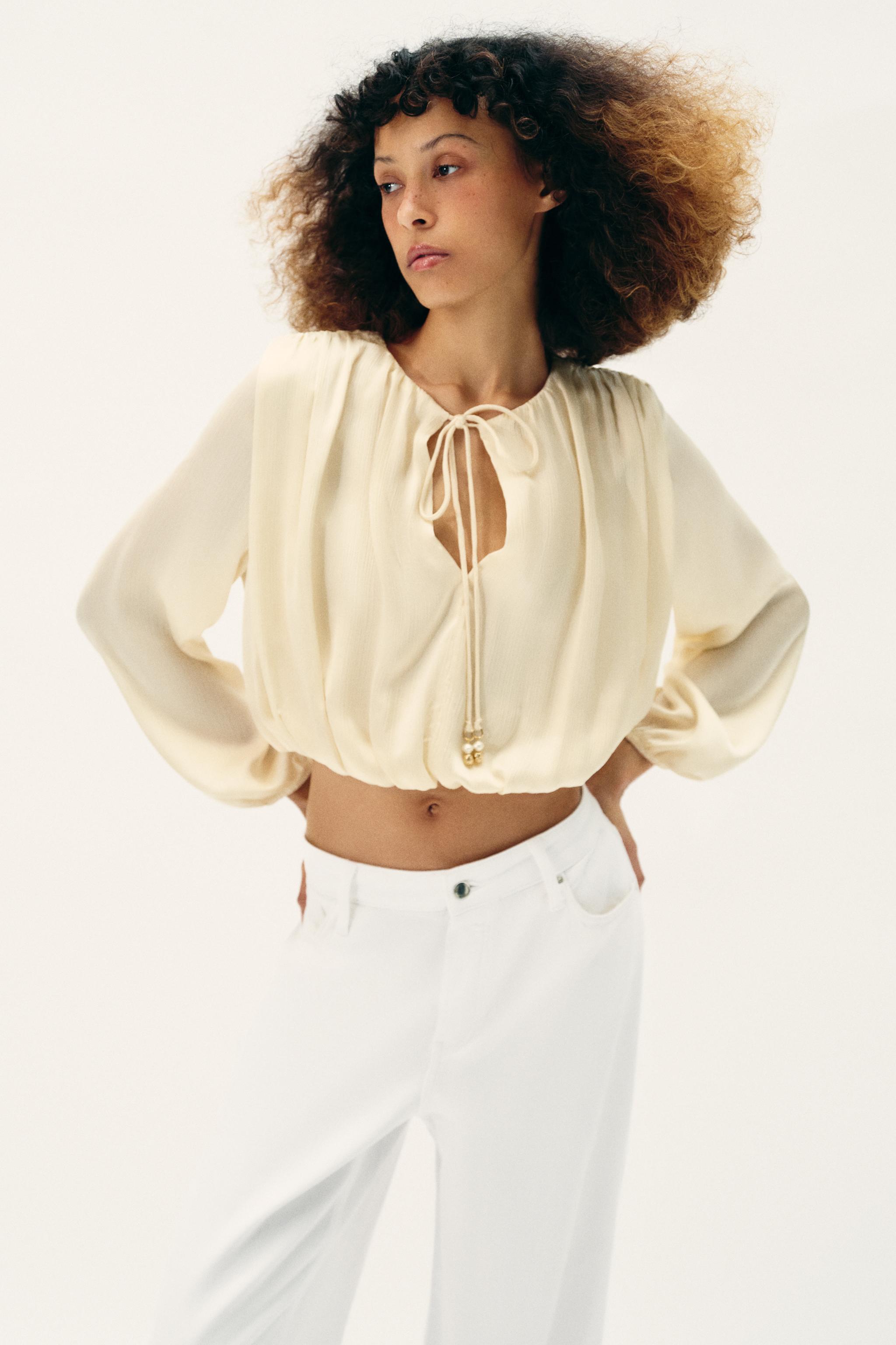 SATIN BALLOON BLOUSE — Oyster-white