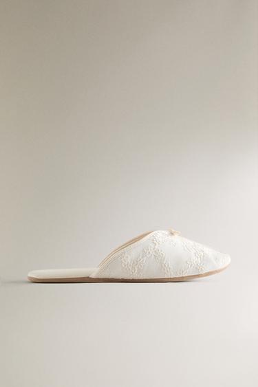 FLORAL SLIPPERS WITH BOW DETAIL AND LEATHER SOLE - Beige by Zara - Image 0