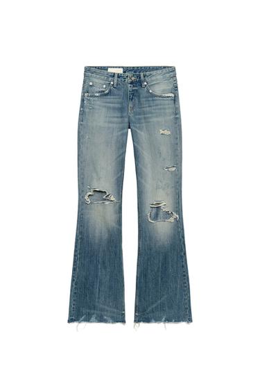 Zara TRF FLARE RIPPED MID-RISE JEANS - Blue