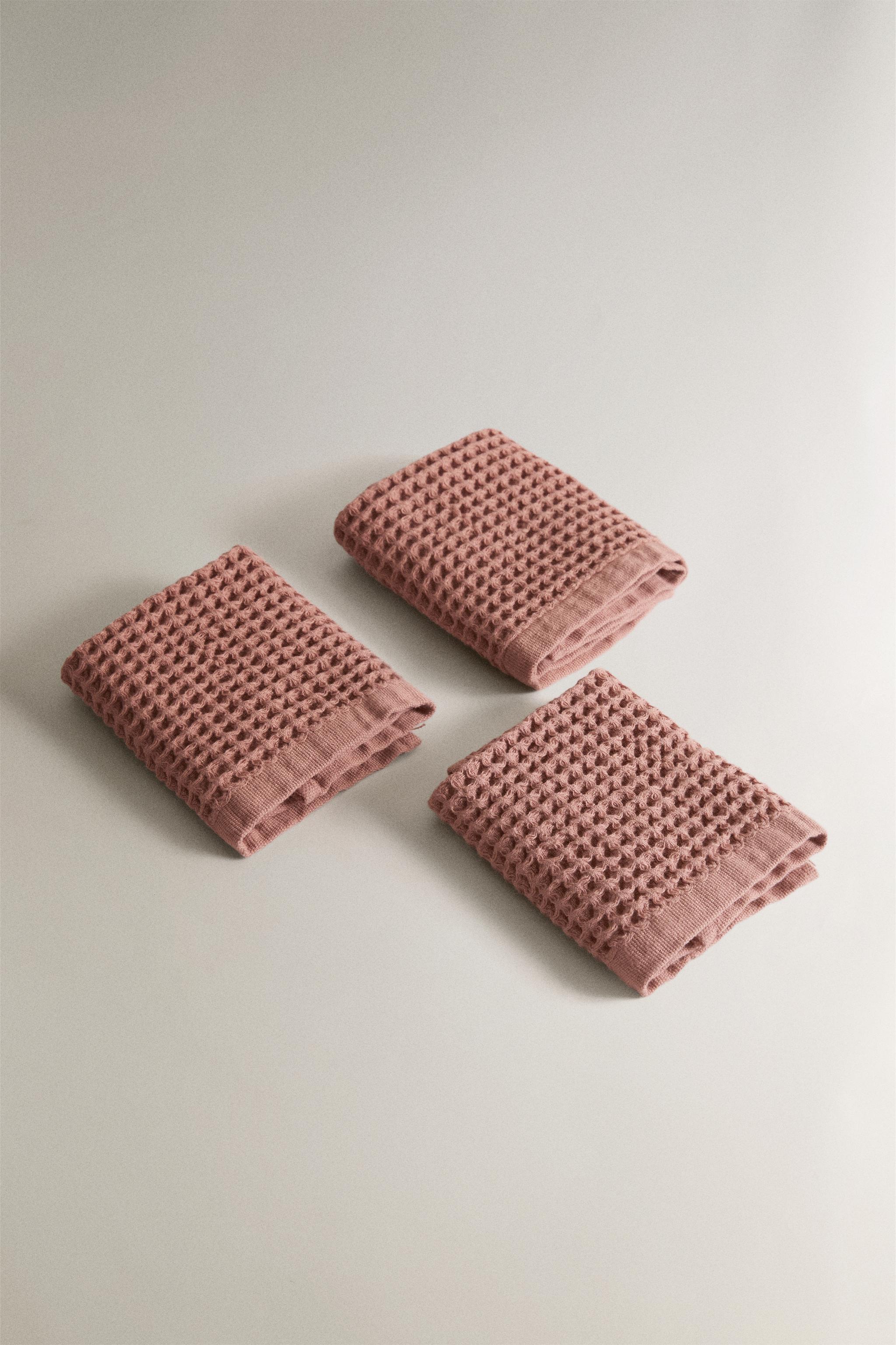 WAFFLE COTTON HAND TOWEL (PACK OF 3) — Pale pink