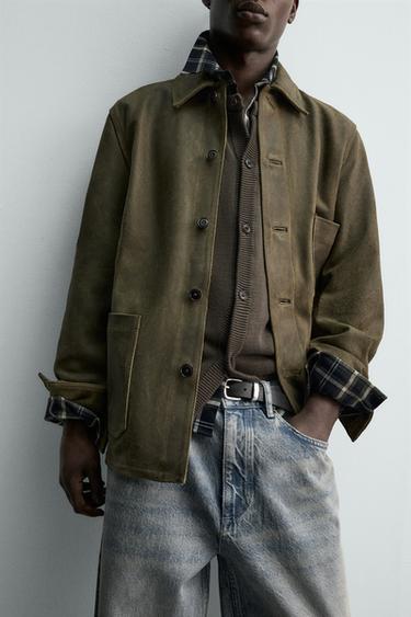 VINTAGE-EFFECT SUEDE LEATHER JACKET - Grey green by Zara - Image 6