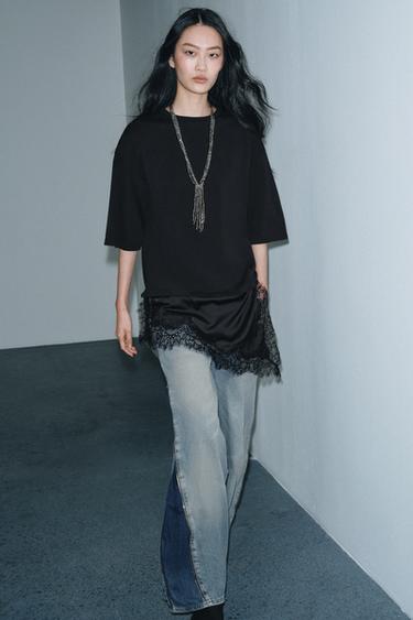 CONTRAST LACE T-SHIRT - Black by Zara