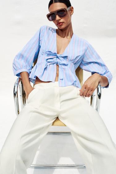 CHEMISE À RAYURES ET LACETS - Bleu / Blanc de Zara - Image 2