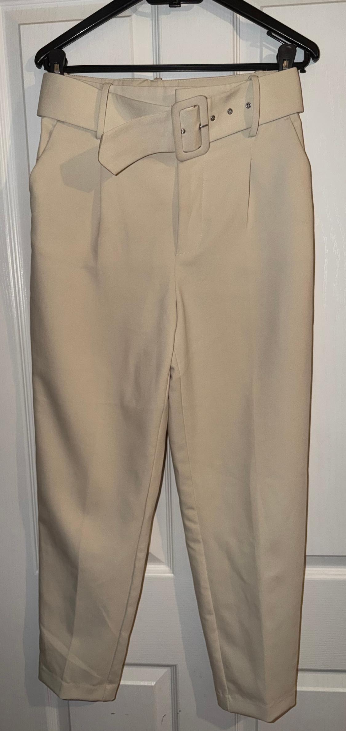 Beige trousers with a matching belt hanging on a black hanger over a white door.