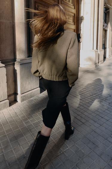 HOUNDSTOOTH BOMBER JACKET WITH SHOULDER PADS - Black / Brown by Zara