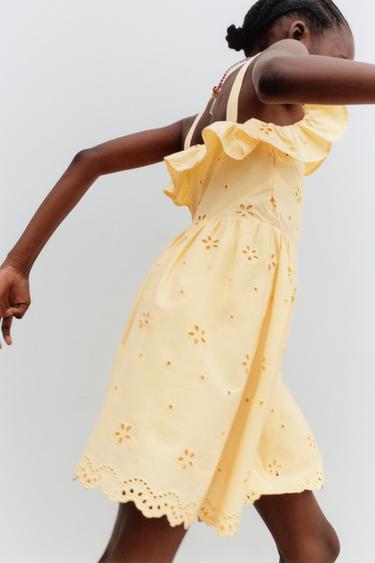EMBROIDERED SCHIFFLI DRESS WITH RUFFLES - Yellow by Zara