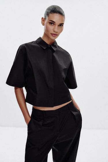 Zara WIDE SLEEVE POPLIN SHIRT - Black