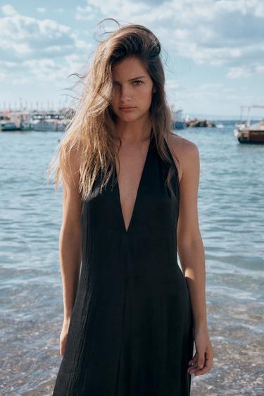 SATIN HALTER MIDI DRESS - Black by Zara - Image 3