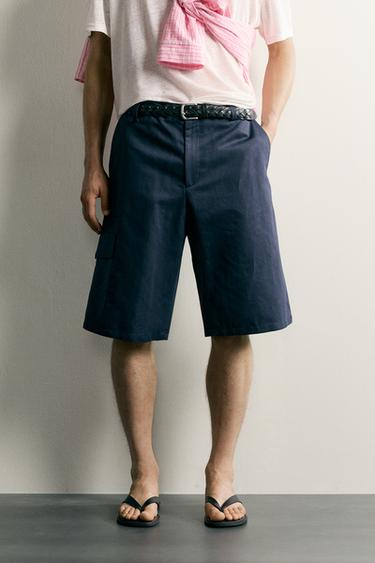 QUẦN SHORT CARGO BERMUDA COTTON - LINEN DÁNG RELAXED FIT - Xanh dương/Xanh hải quân từ Zara