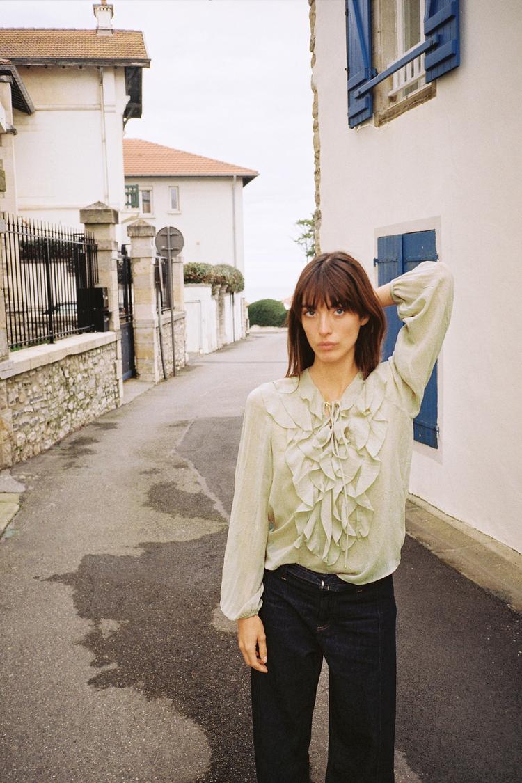 フリルトリム付きセミシースルーブラウス - ウォーターグリーン | ZARA 