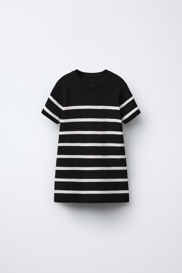 Zara STRIPED KNIT DRESS - Ecru / Black - Image 0