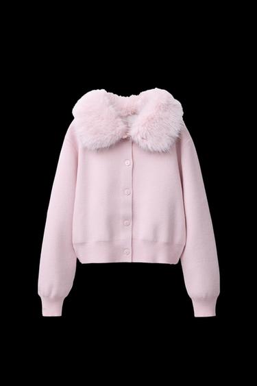 Zara CARDIGAN WITH DETACHABLE FAUX FUR COLLAR - Pink - Image 0