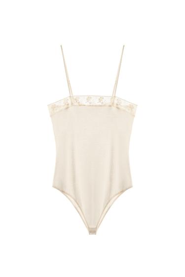 Zara FINE KNIT LACE BODYSUIT - Ecru