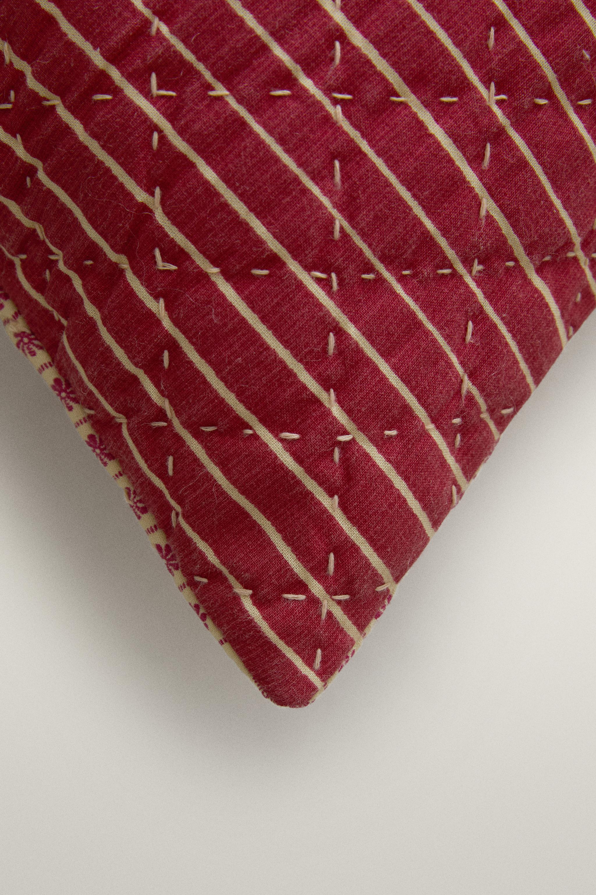 FLORAL AND STRIPED CUSHION COVER | KATHARINE POLE — Ecru / Red