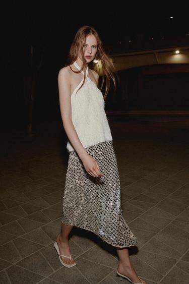 ASYMMETRIC SEQUIN MIDI SKIRT - Silver by Zara