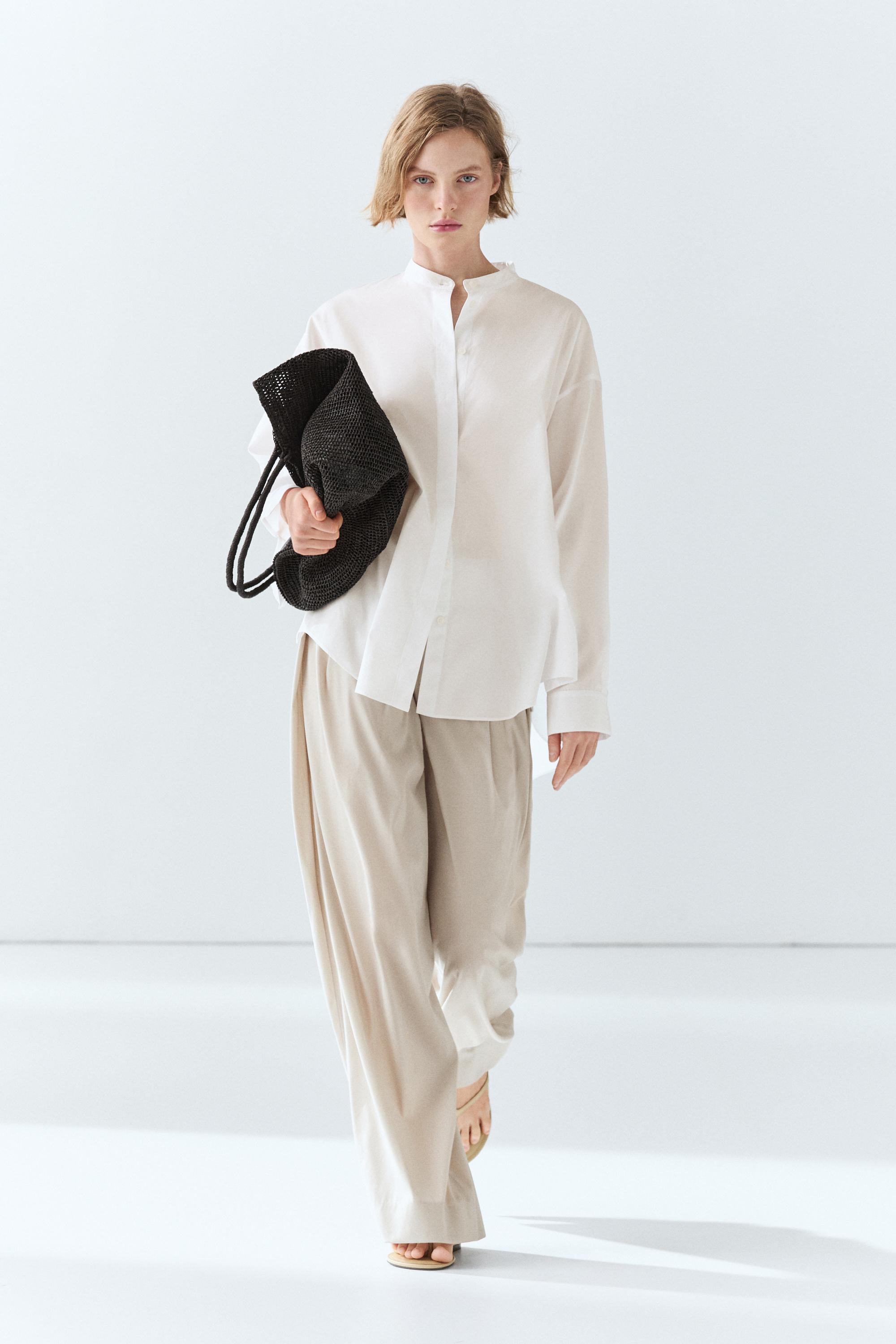 Poplin shirt with stand collar — White