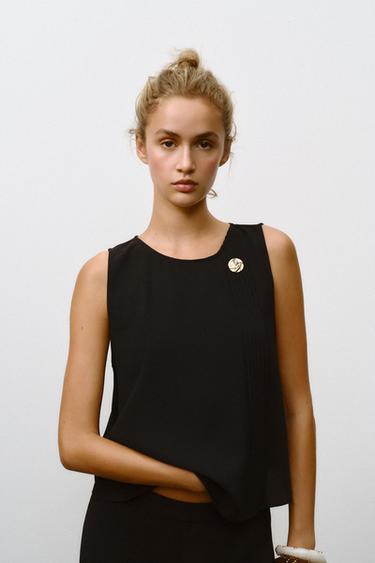 Zara TOP WITH DARTS AND HARDWARE - Black