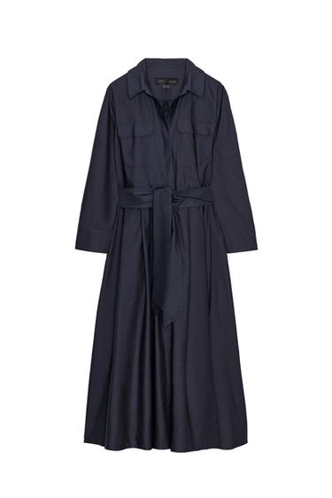 Front view of navy shirt dress, long sleeves, patch pockets with flaps on the chest and adjustable belt.