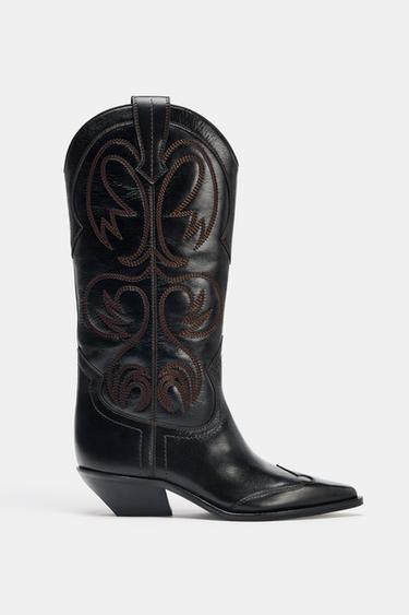 EMBROIDERED LEATHER COWBOY BOOTS - Black by Zara