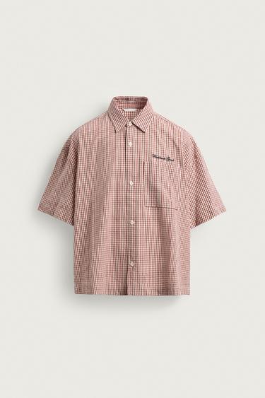 CAMISA BOXY FIT CUADROS BORDADO - Blanco / Rojo de Zara