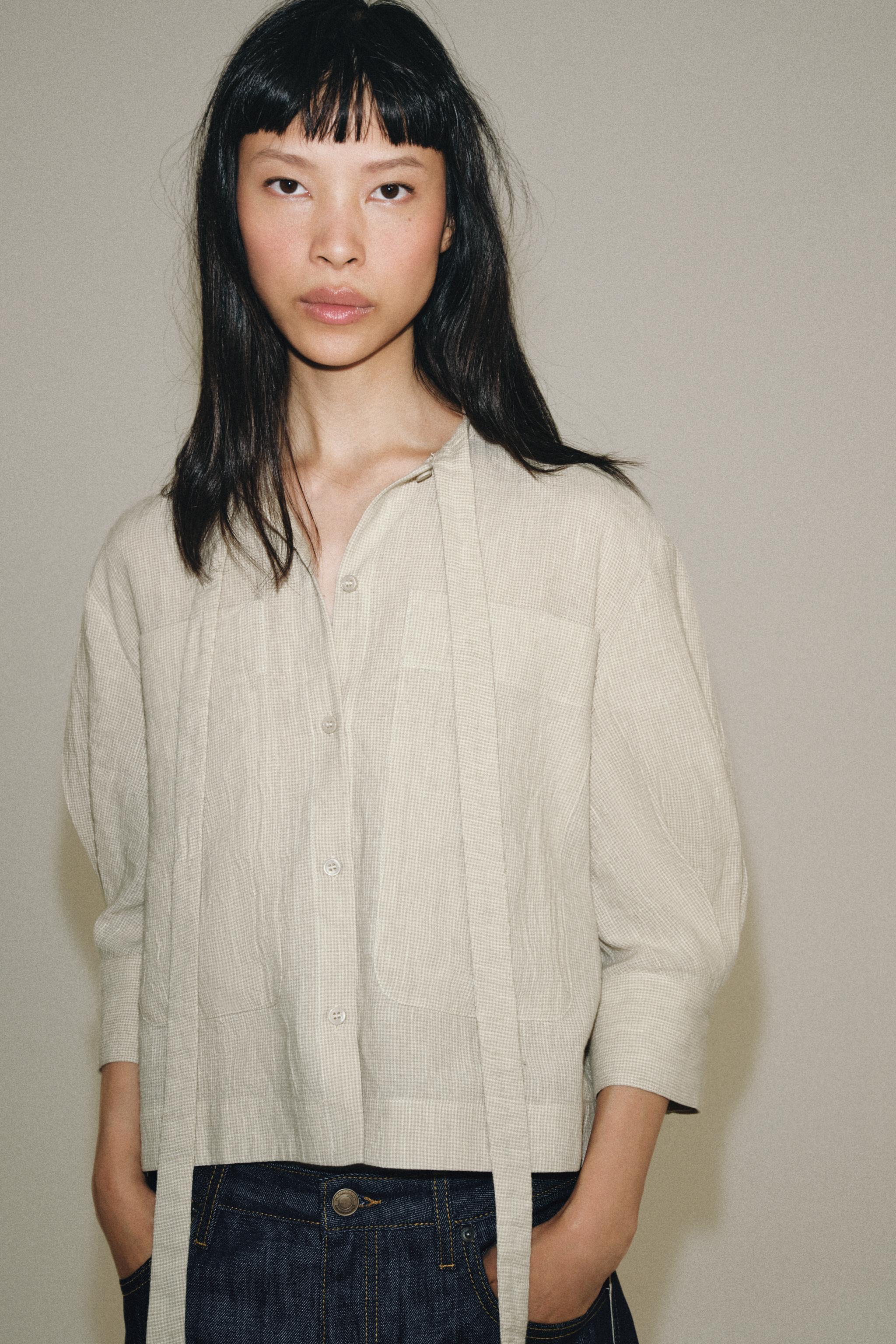 ZW COLLECTION LINEN-BLEND TIE SHIRT — Beige