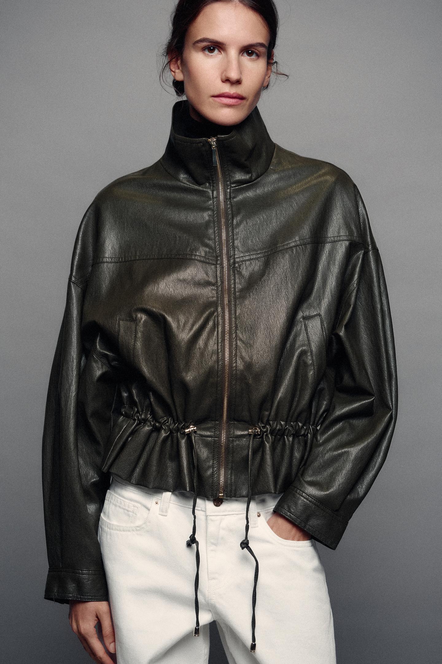 Женская куртка Zara Faux Leather Drawstring, цвет: Тёмный хаки — фото 2