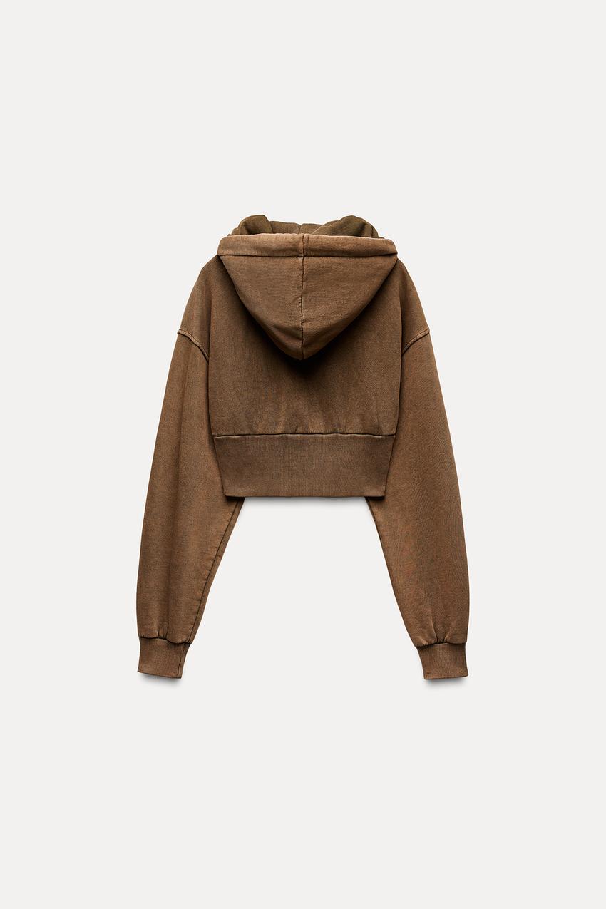 ウォッシュド加工 クロップド丈フーディ - ブラウン | ZARA Japan / 日本 