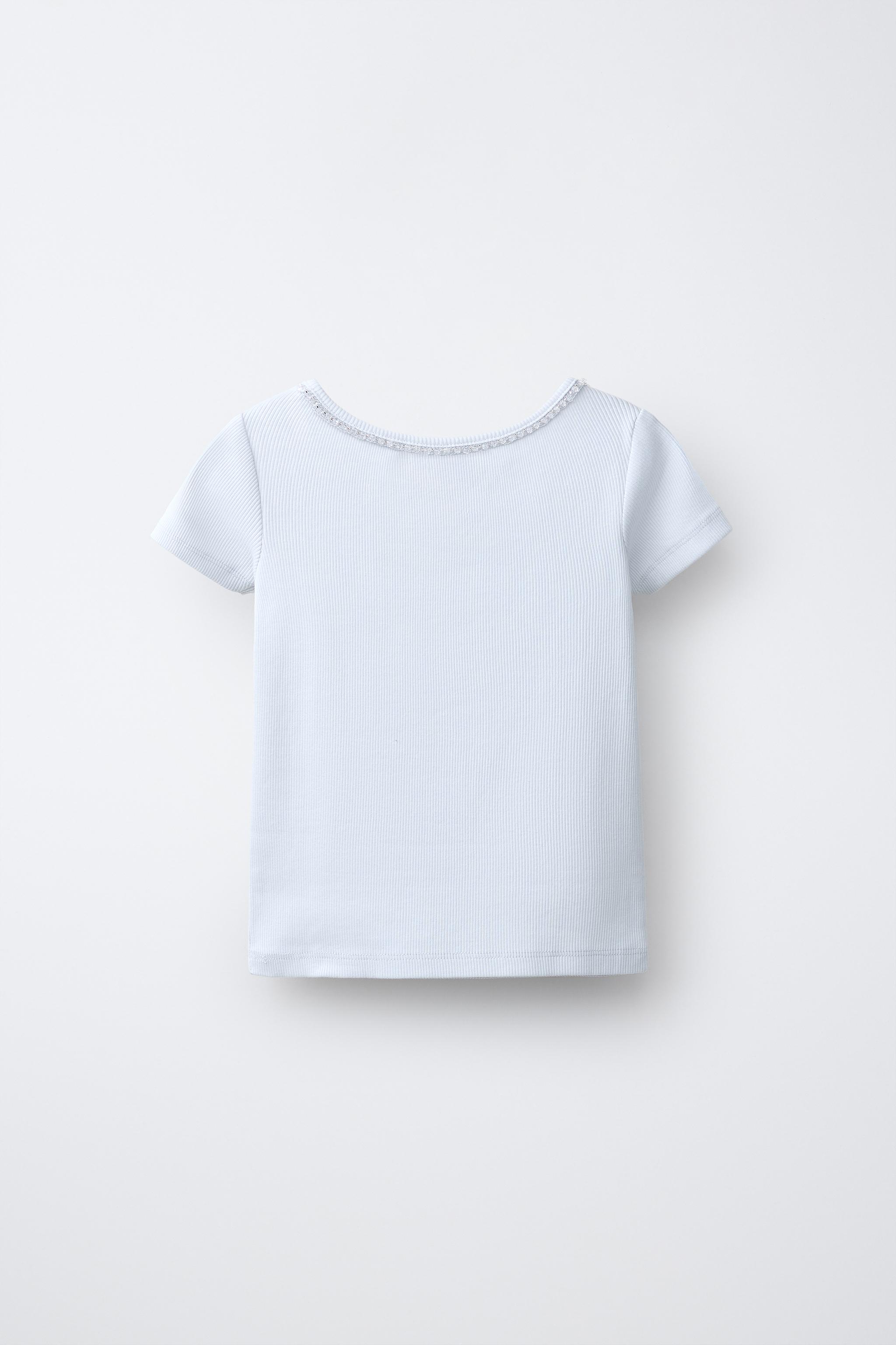 RIBBED T-SHIRT WITH JEWELS — Blue / Grey
