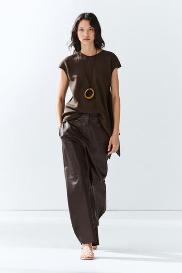 Zara Leather barrel fit pants - Brown - Image 0