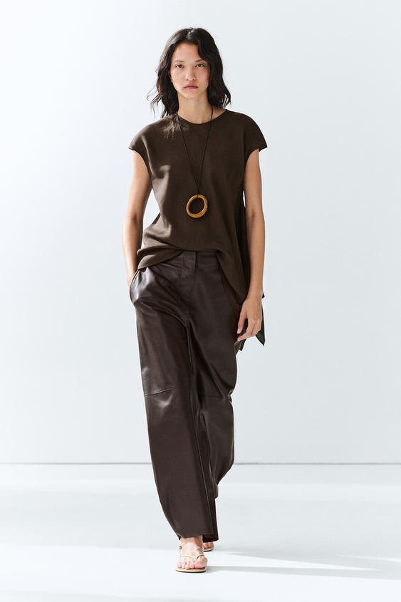 Zara Barrel fit nappa leather pants - Brown - Image 0