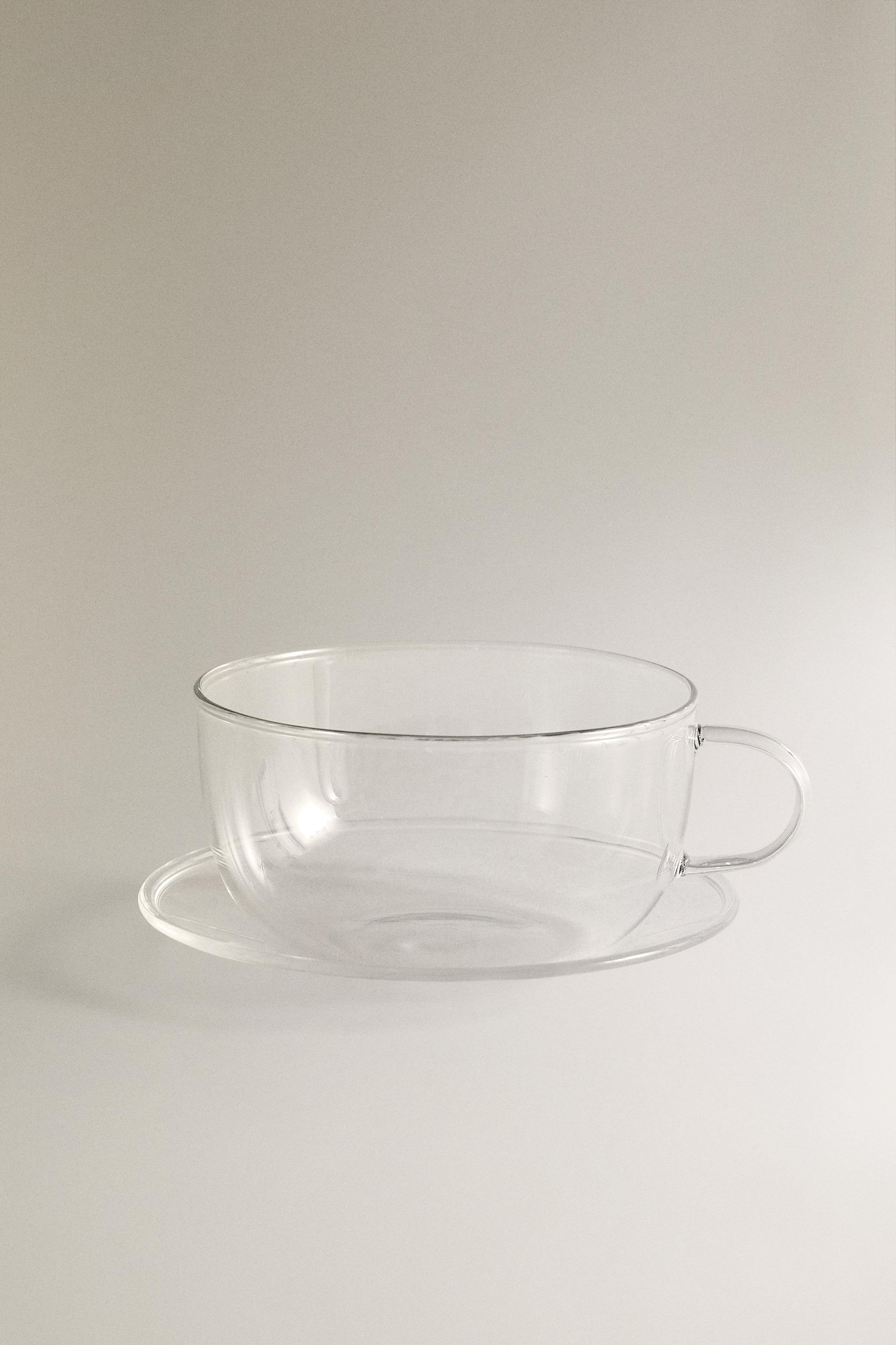 BOROSILICATE GLASS COFFEE CUP AND SAUCER WITH SILVER RIM