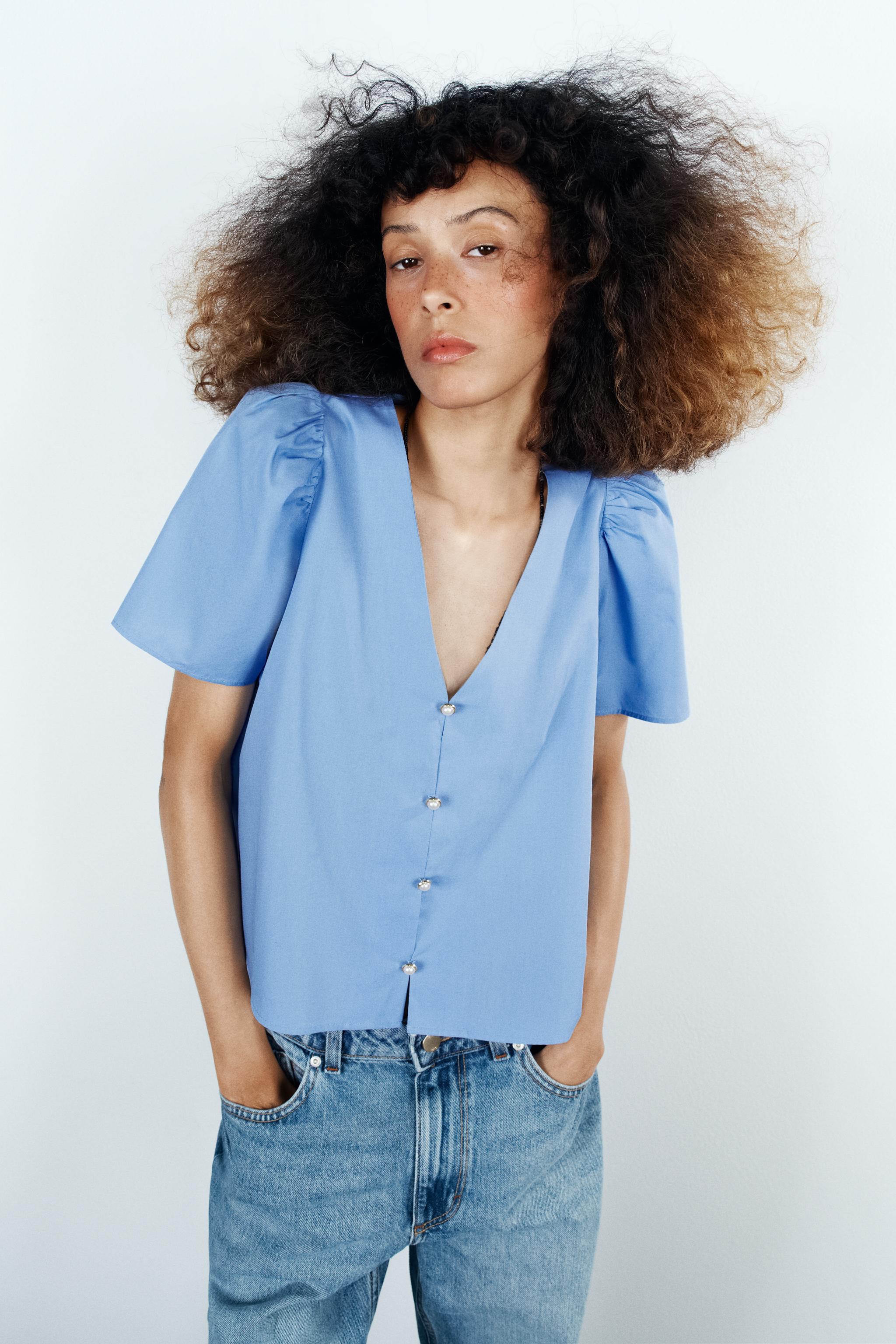 PEARL BUTTON POPLIN TOP