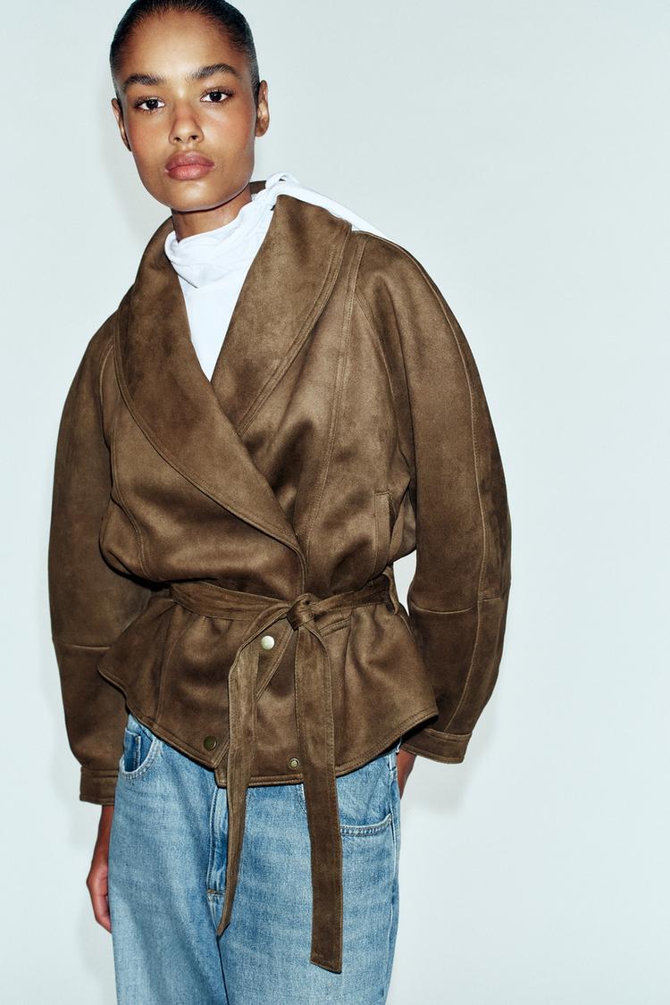 FAUX SUEDE BELTED JACKET — taupe brown