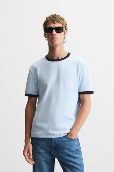 BASIC CONTRAST RIB T-SHIRT - Sky blue by Zara