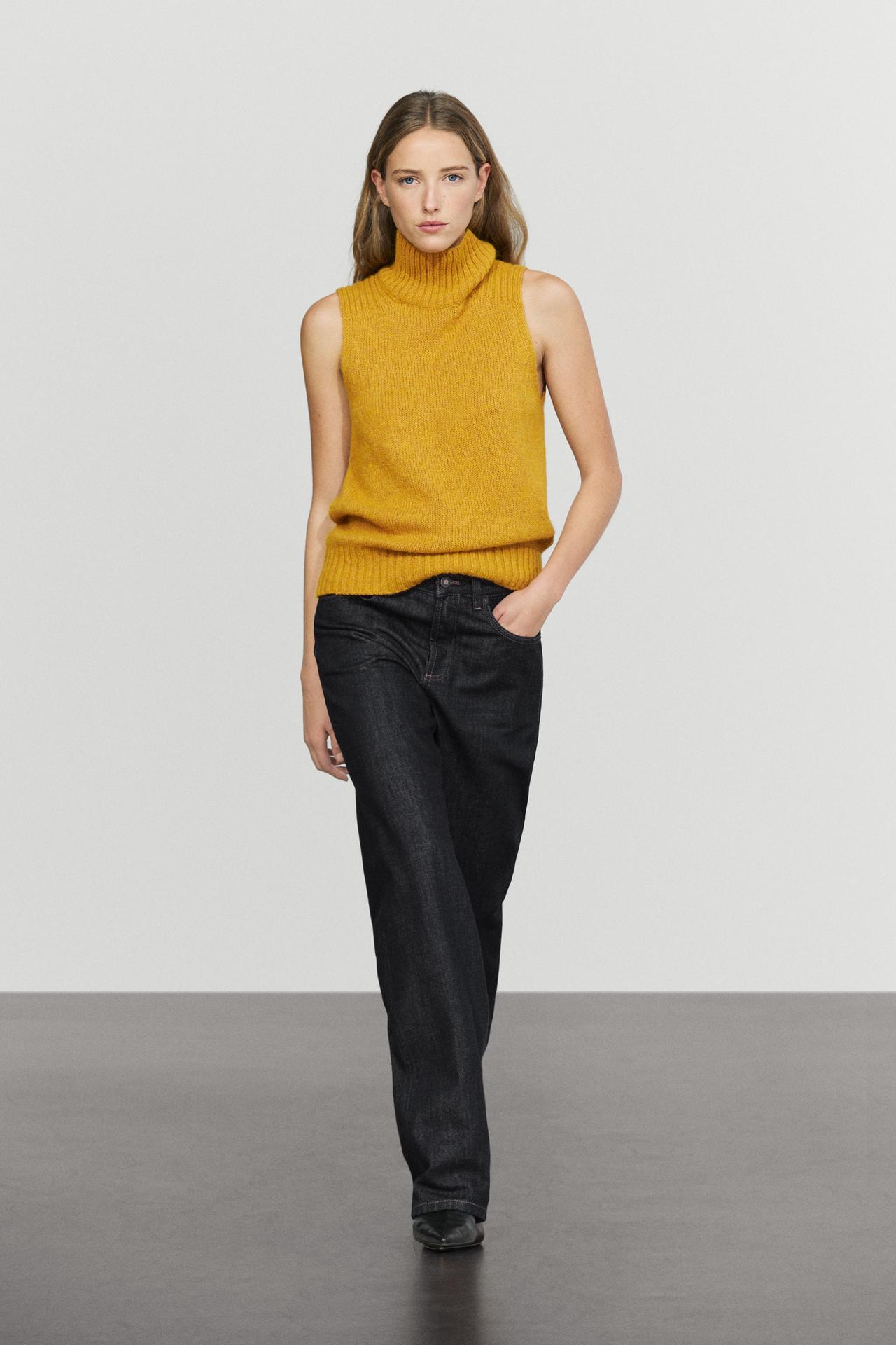 Wool-blend knit turtleneck vest — Mustard