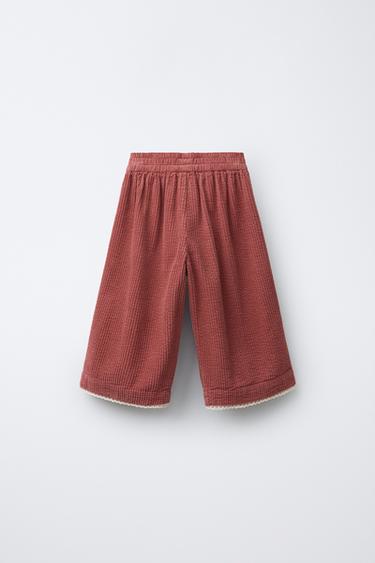 PANTALON EN VELOURS CÔTELÉ AVEC DENTELLE EN CONTRASTE - Framboise de Zara - Image 1
