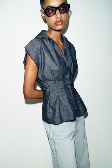 FITTED LINEN BLEND DARTED SHIRT - Blue by Zara - Image 4